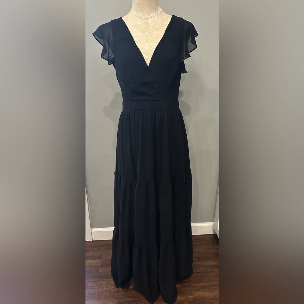 Lulus Charming Success Black Tiered Lace-Up Backless Maxi Dress Size L - Picture 9 of 11